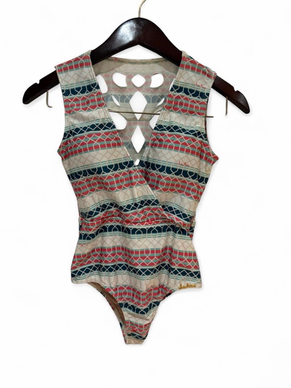 Striped Cutout Surplice One-Piece Bodysuit in Coral, Teal & Cream